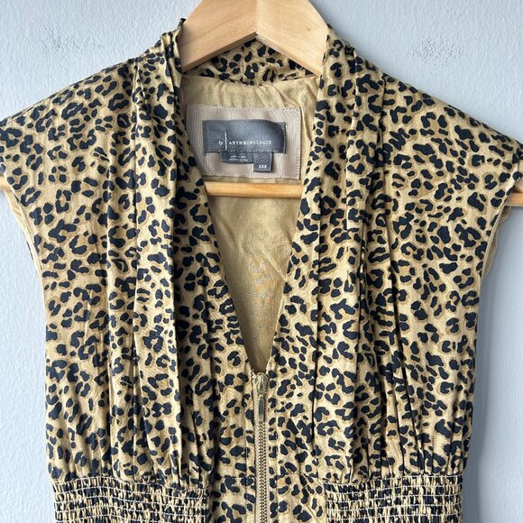 Anthropologie Leopard Print Zip Front Smocked Waist Dress XS - Picture 3 of 8